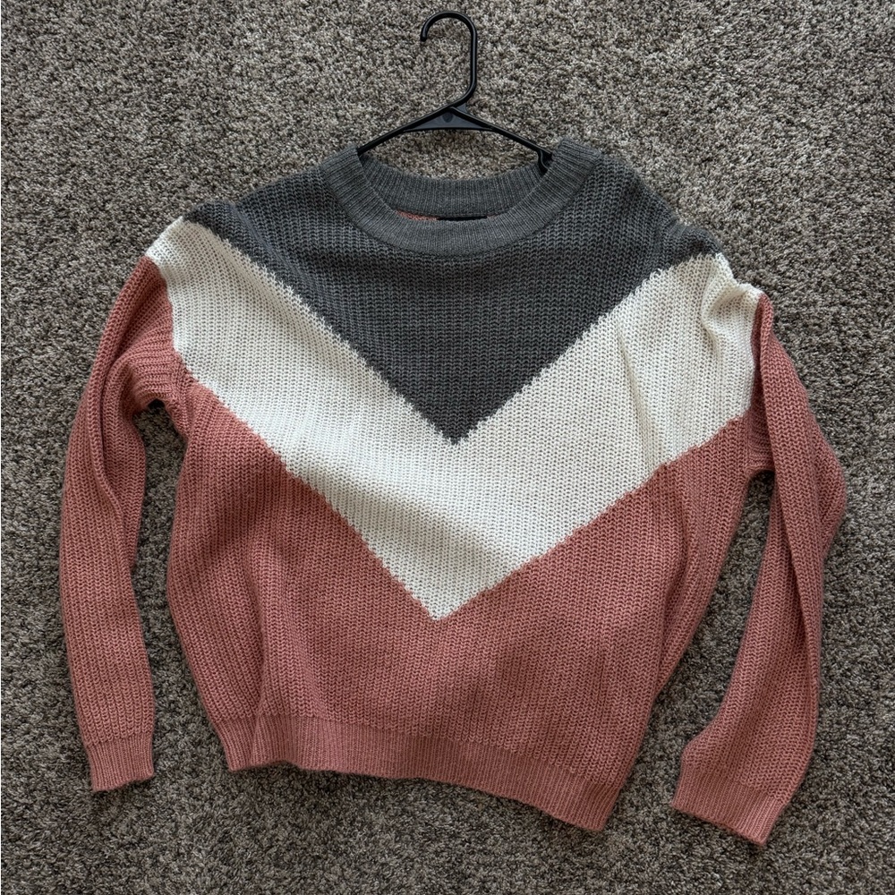 Colorblock Crewneck Sweater - Rose, Cream & Charcoal